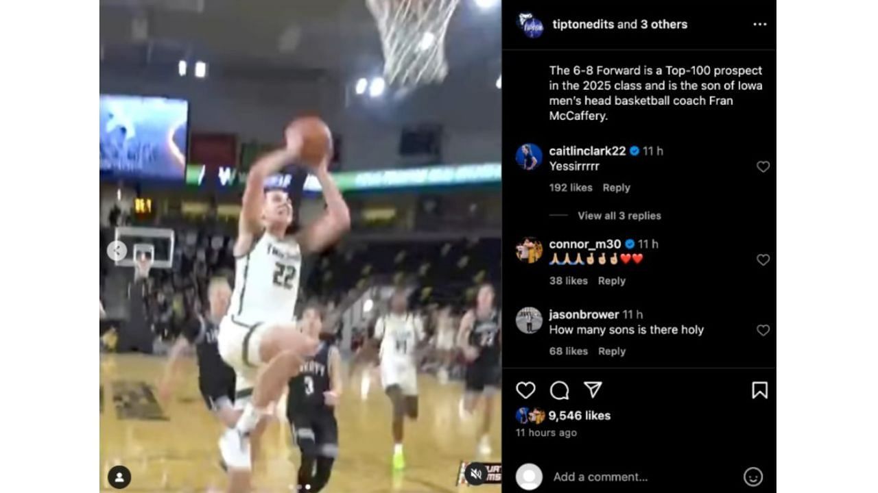 Caitlin Clark and Connor McCaffery react to an Instagram post showing Jack McCaffery&#039;s commitment to play for the Butler Bulldogs. [photo: @tiptonedits]