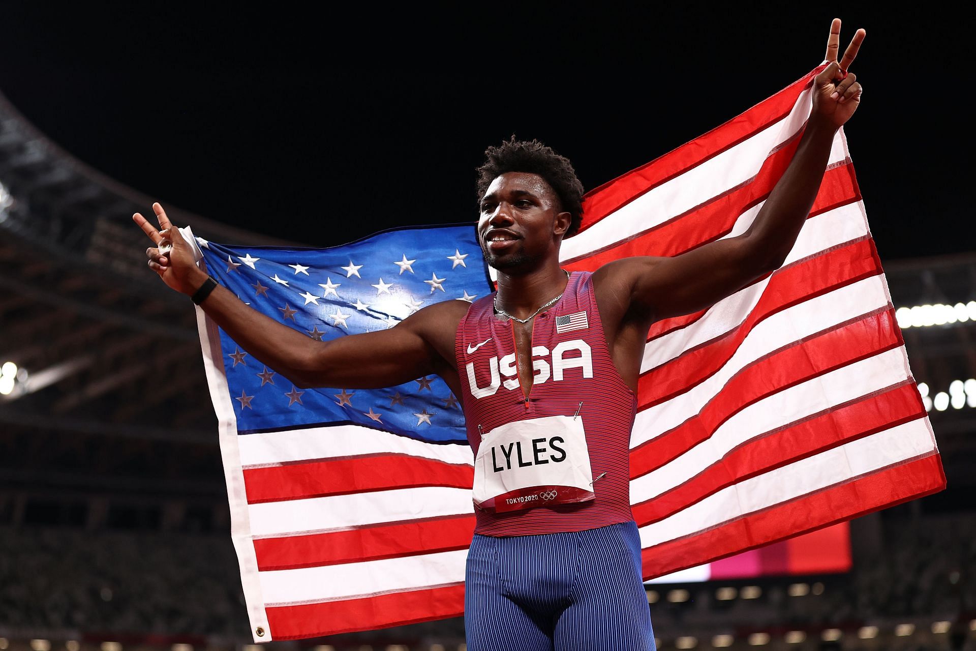 Noah Lyles celebrates after winning the bronze medal in the Men&#039;s 200m Final at the Tokyo 2020 Olympics. (Photo by Ryan Pierse/Getty Images)