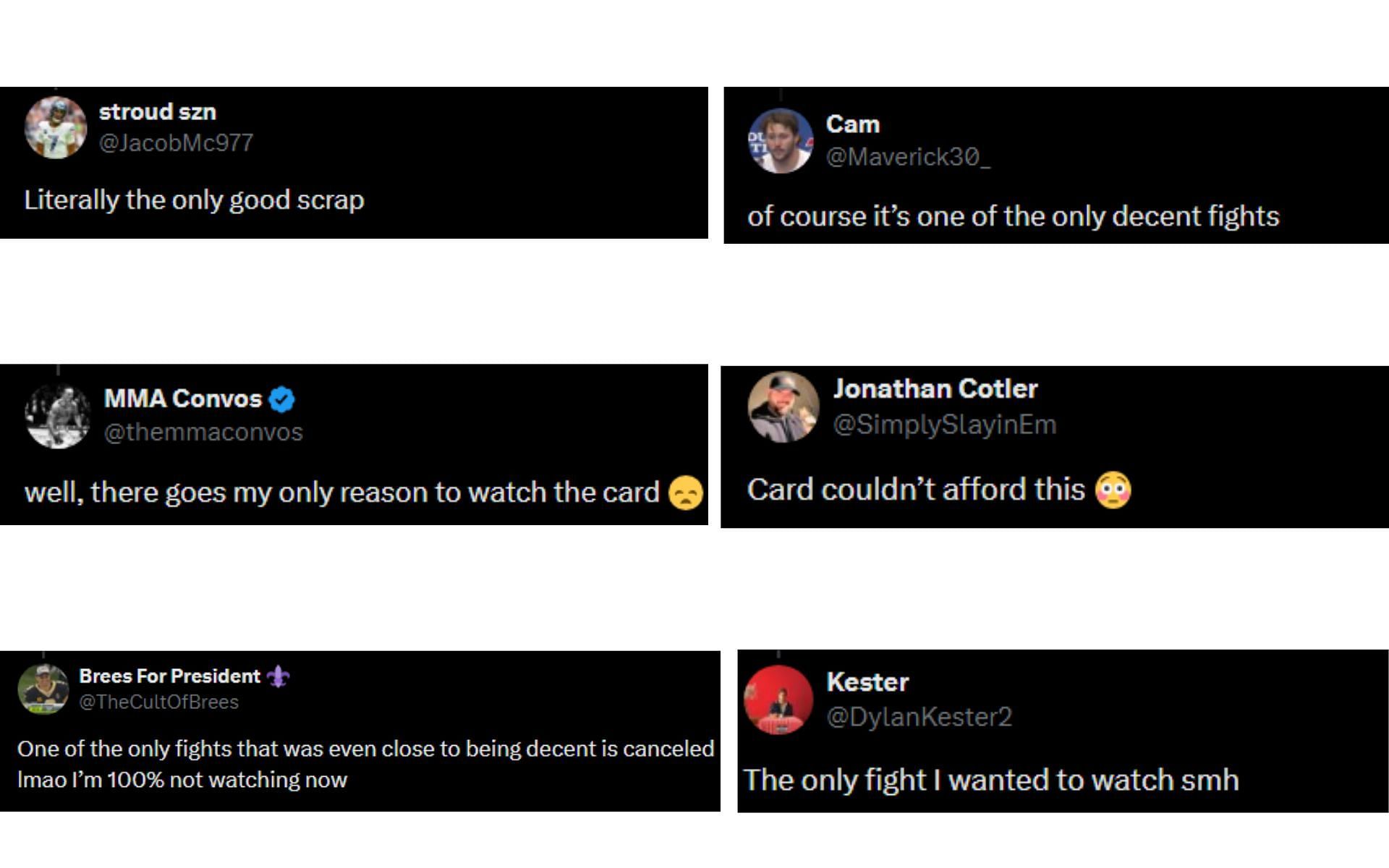 Fan reaction tweets regarding co-main event cancellation [Image courtesy: @mma_orbit - X]