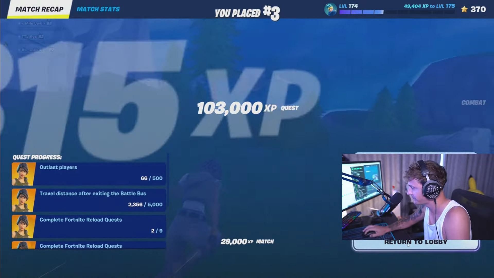 Decreased XP for players leaving the match early (Image via YouTube/Ninja)