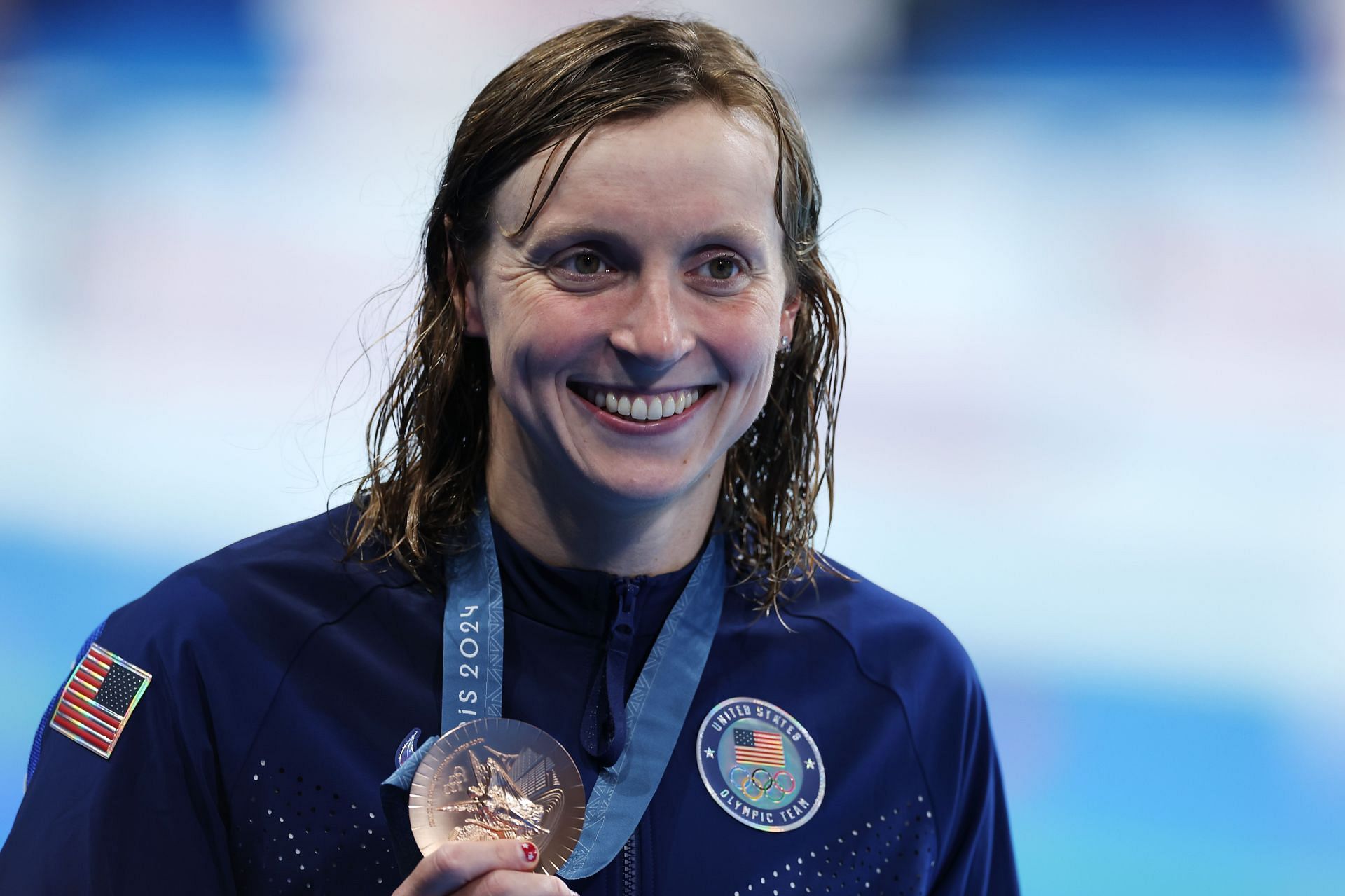 Katie Ledecky with her women&#039;s 400m freestyle bronze medal - Getty Images