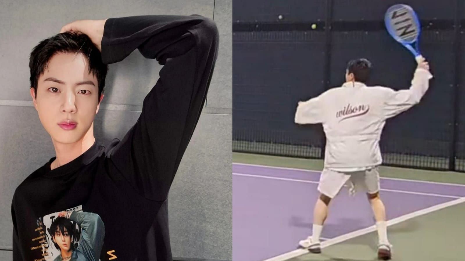 Fans swoon over BTS Jin as he shares a video playing tennis (Image via @jin/Instagram and screenshot/Weverse)