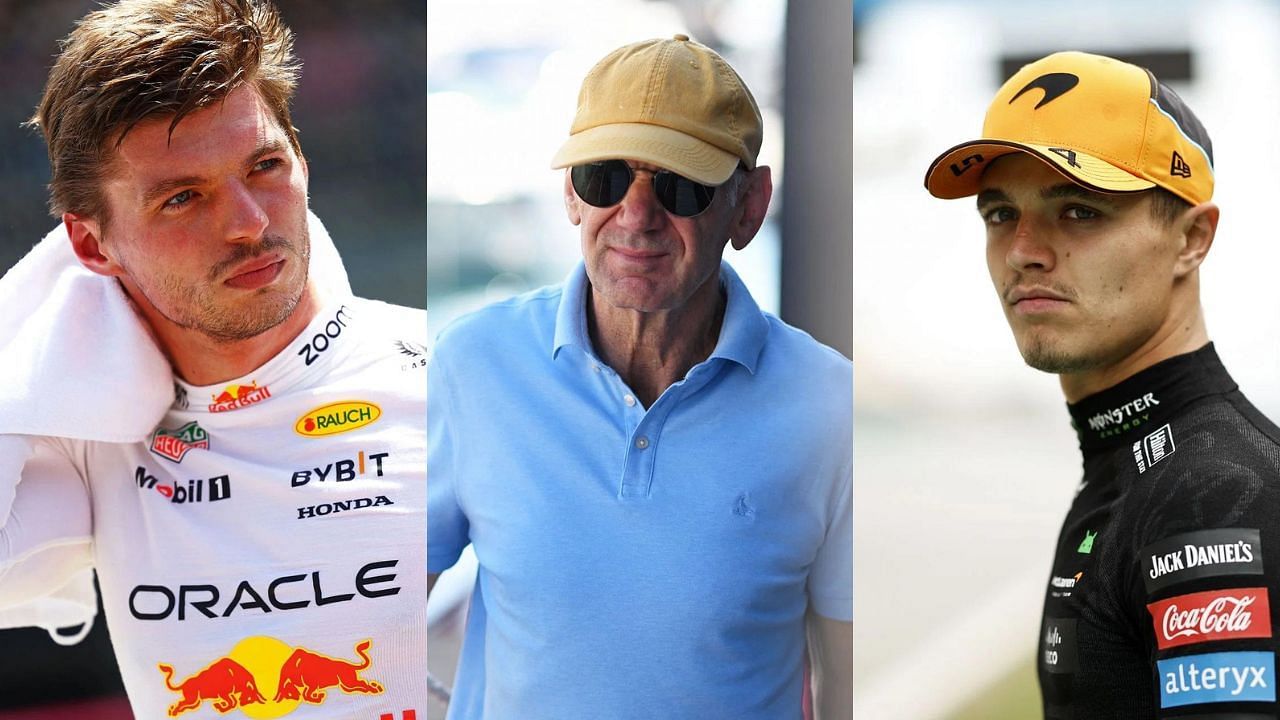 Max Verstappen looks on (L), Adrian Newey (M), and Lando Norris (R). Image credits: All images from Getty