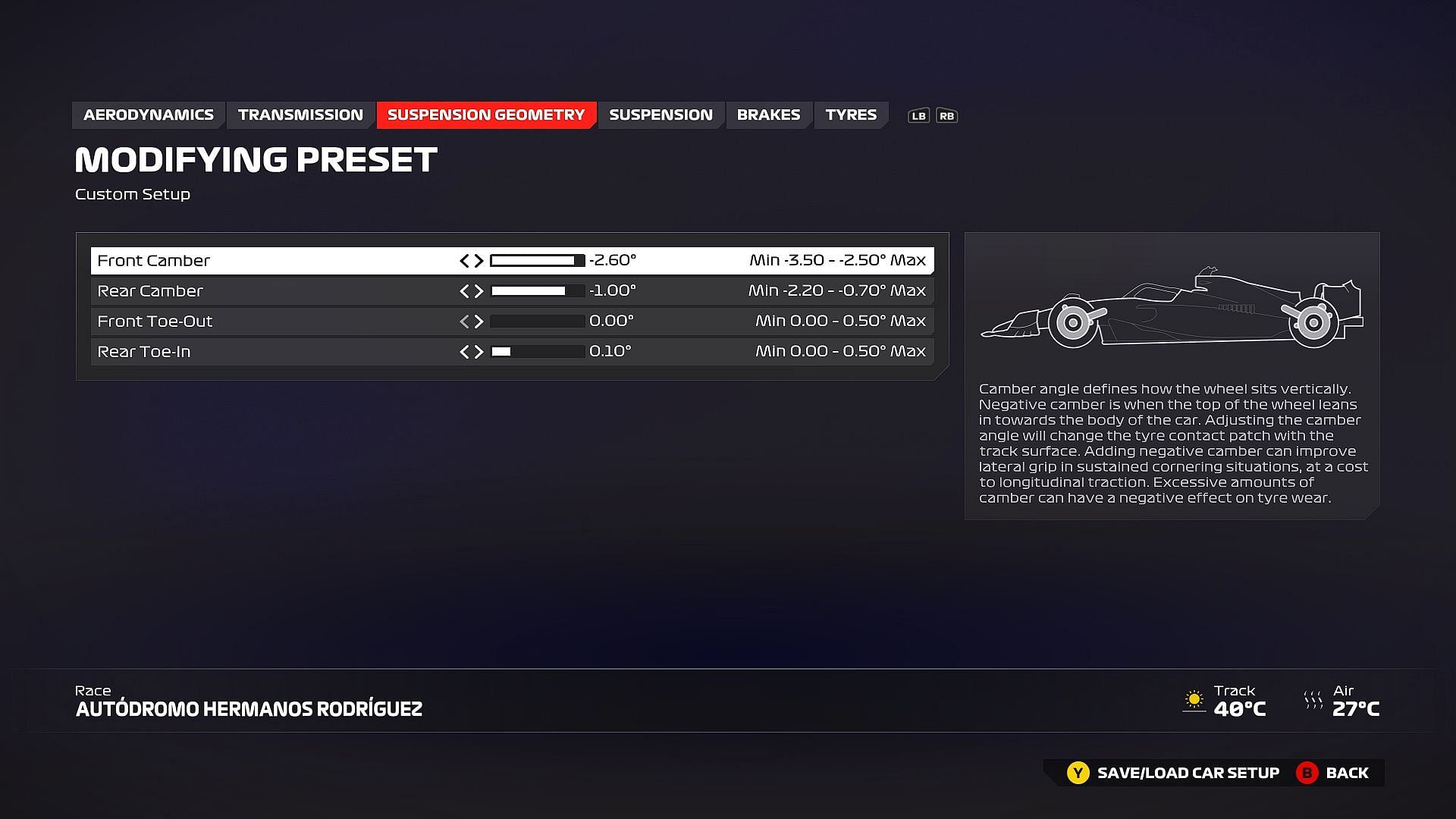 Best recommended Suspension Geometry setting for Autodromo Hermanos Rodriguez in Mexico (Image via EA Sports)