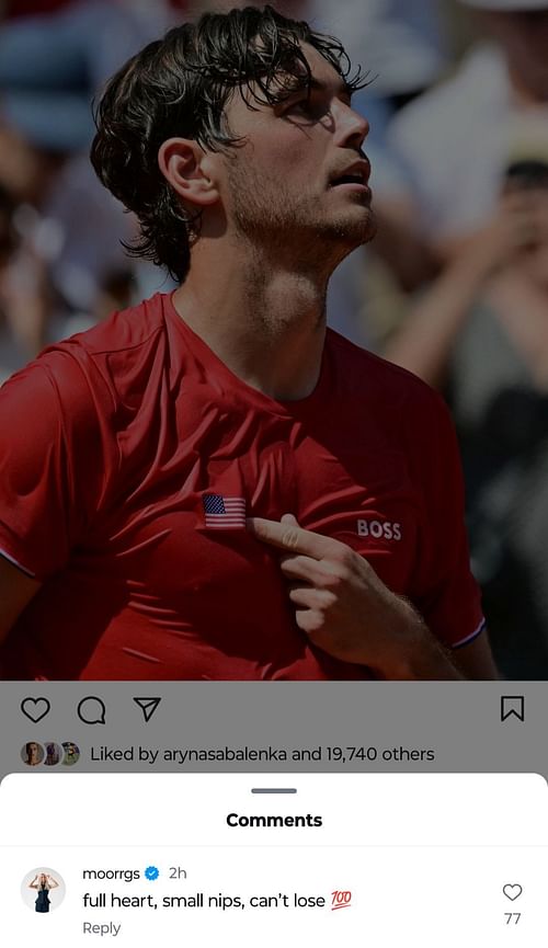 Taylor Fritz's girlfriend Morgan Riddle's hilarious comment on American's Instagram post (Source: Instagram/Taylor Fritz)