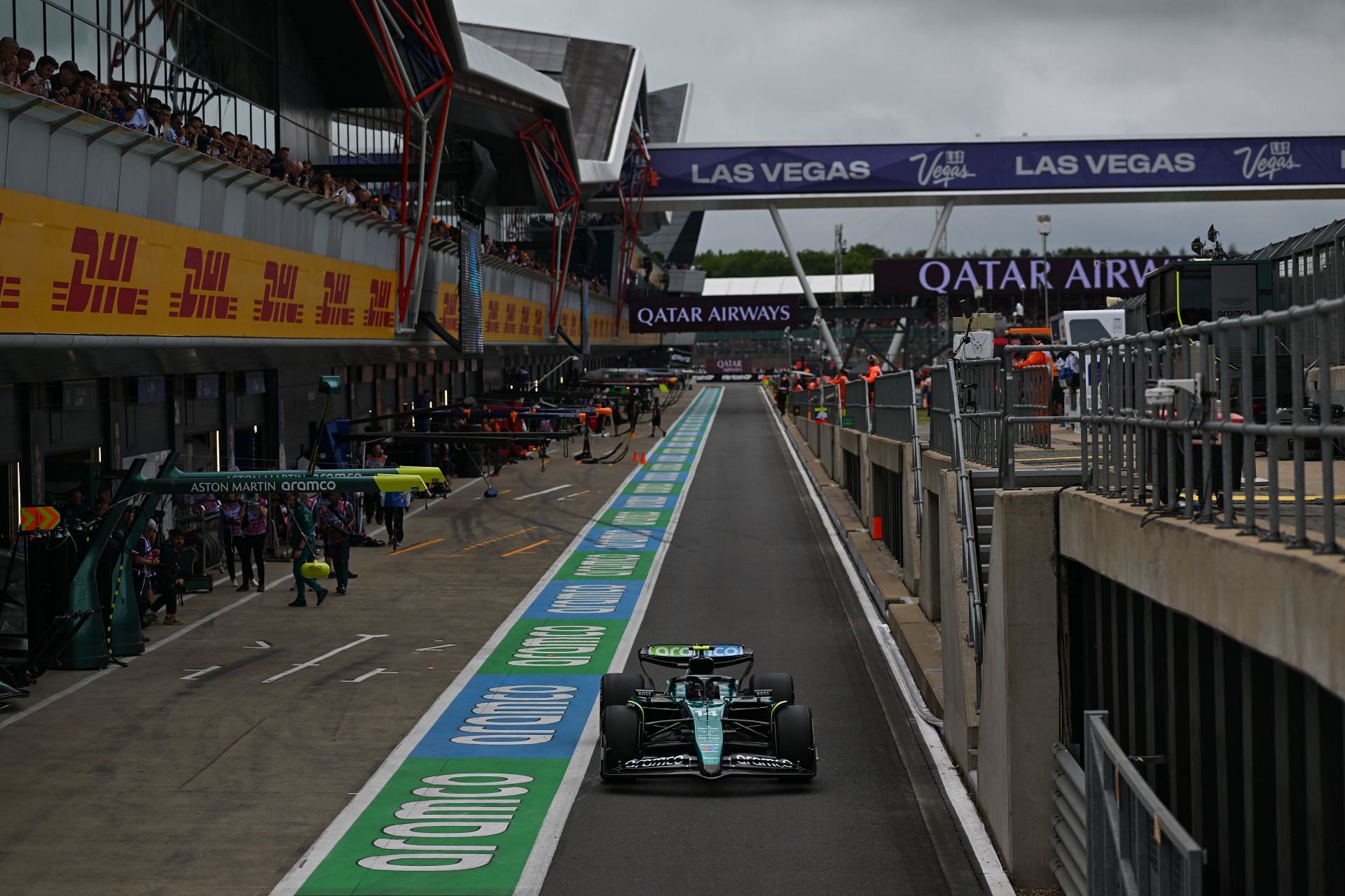 Fernando Alonso of Spain driving the (14) Aston Martin AMR24 Mercedes in the Pitlane during practice ahead of the F1 Grand Prix of Great Britain at Silverstone Circuit on July 05, 2024 in Northampton, England. (Photo by Rudy Carezzevoli/Getty Images)