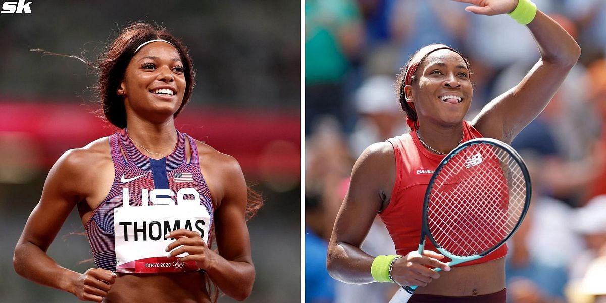 Gabby Thomas (L) congratulates Coco Gauff (R) on being chosen as flag bearer. PHOTO: Getty Images