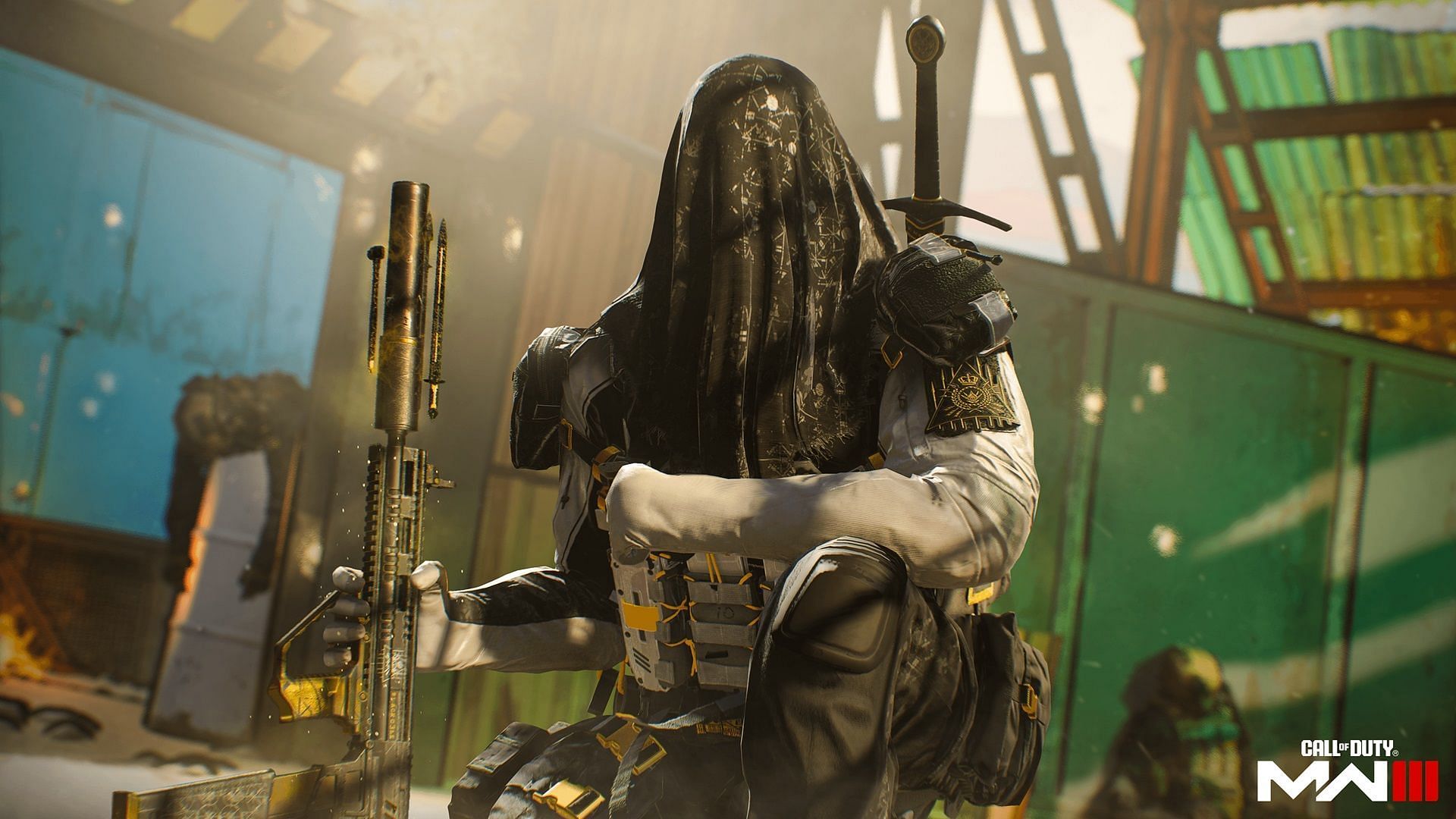 A veiled Operator in Modern Warfare 3 crouching with a rifle