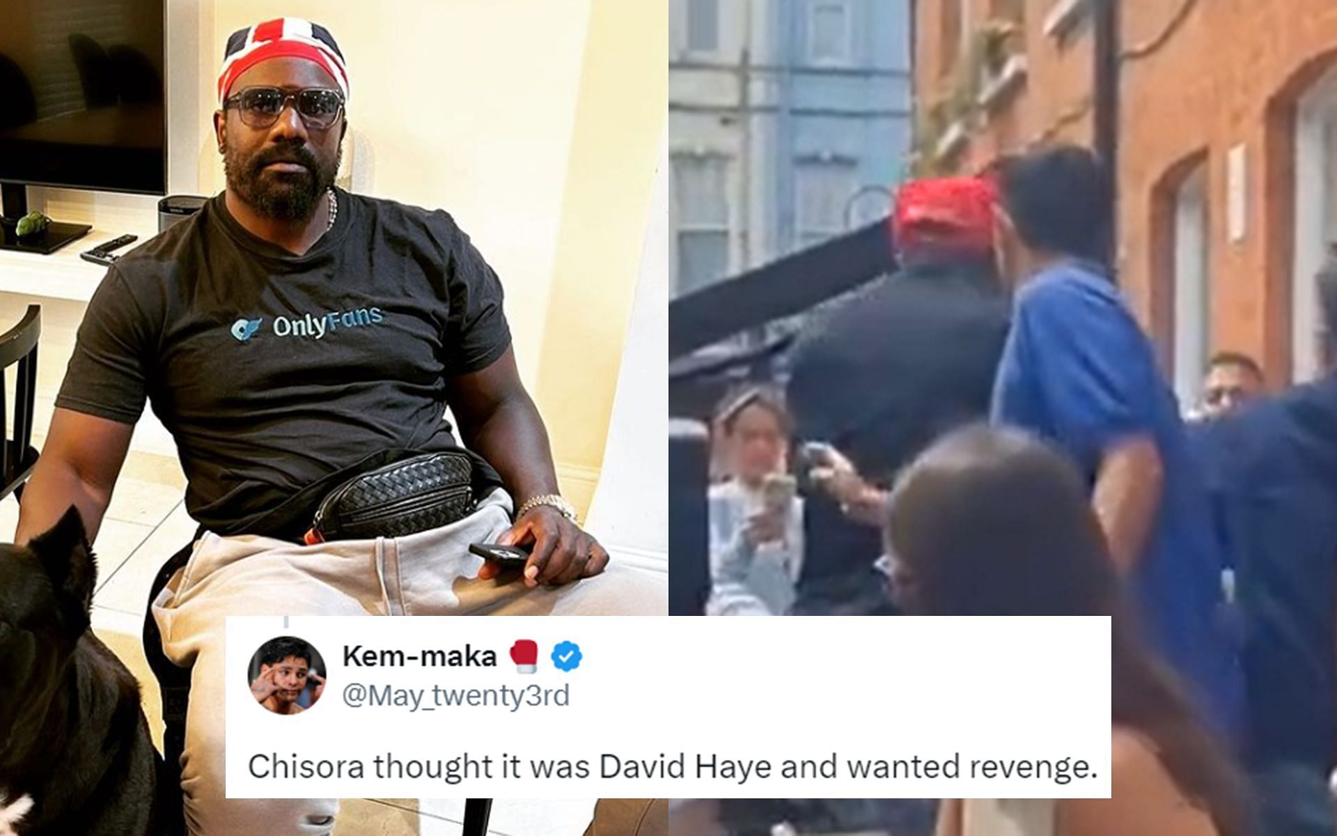 Derek Chisora (left) was recently involved in an altercation with food delivery agent (right, Chisora in red cap). [Images courtesy: @derekwarchisora on Instagram and @UpshotTowers on X]