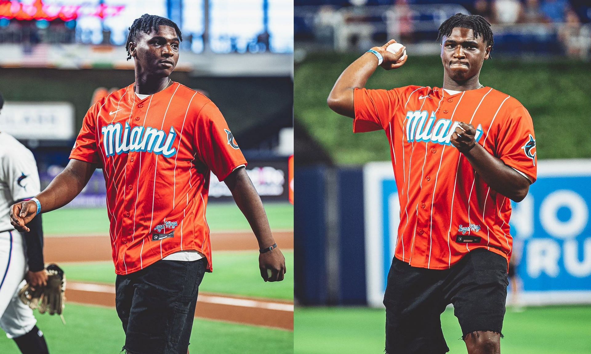 Miami Hurricanes QB Cam Ward throws ceremonial pitch for Marlins against Red Sox.