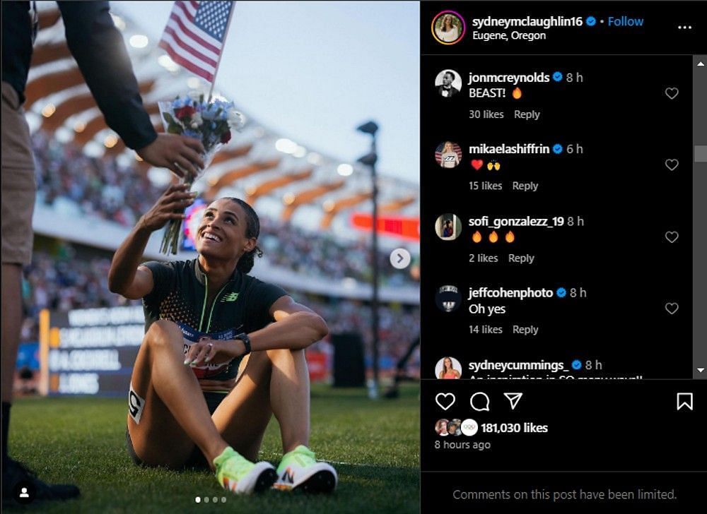 Sydney McLaughlin-Levrone being congratulated on her world record