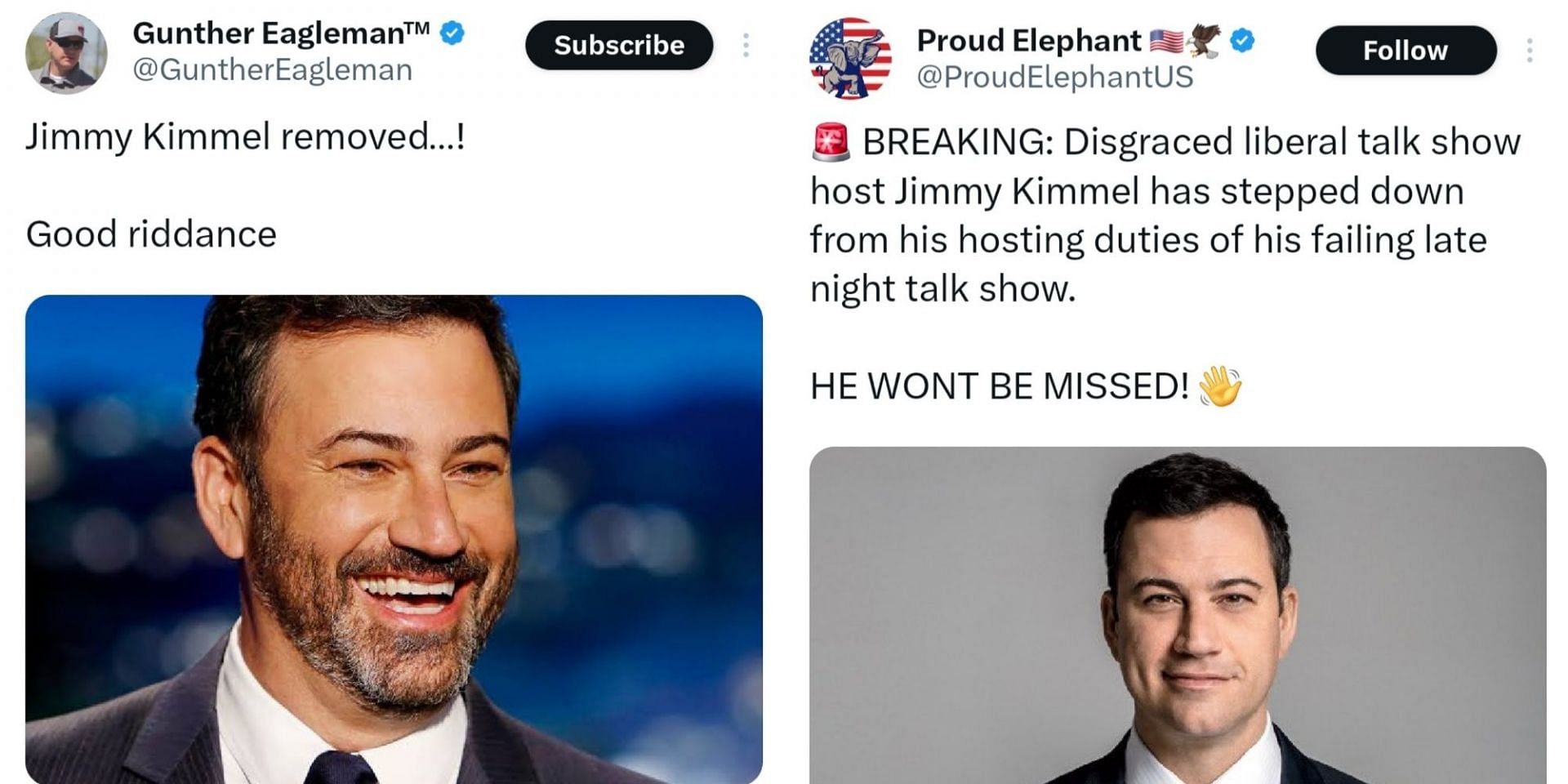 Viral tweets claiming Jimmy Kimmel is stepping down as the host of his talk show. (Image via X/@GuntherEagleman, @ProudElephantUS)