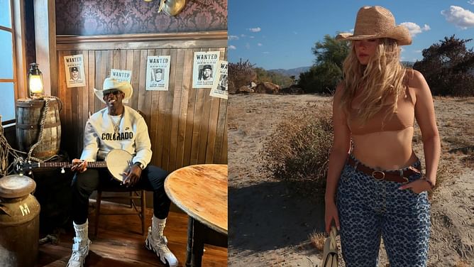 PHOTO: Deion Sanders teaches baseball moves to American model Camille Kostek during MLB All-Star game