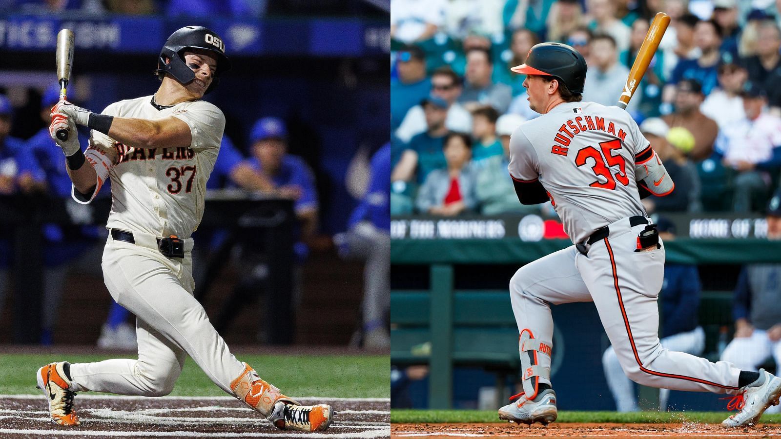 Oregon State standouts Travis Bazzana and Adley Rutschman were both unanimous All-American picks. (Photo credits- Bazzana by Jordan Prather- USA TODAY Sports, Rutschman by Joe Nicholson- USA TODAY Sports).