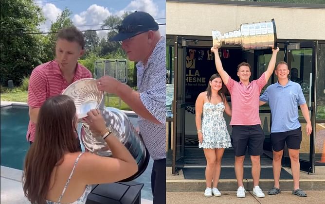 WATCH: Matthew Tkachuk's sister Taryn enjoys a drink from Stanley Cup accompanied by their father Keith