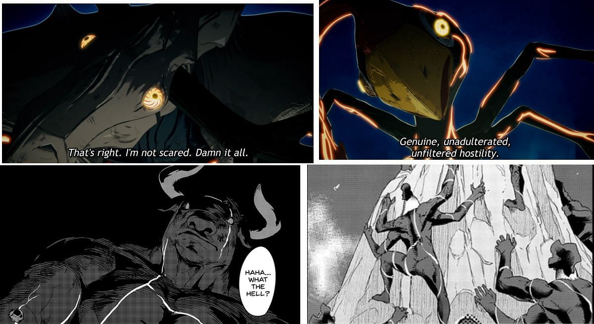 Failure Frame episode 1&#039;s monsters vs. their manga counterparts (Image via Seven Arcs/Overlap)