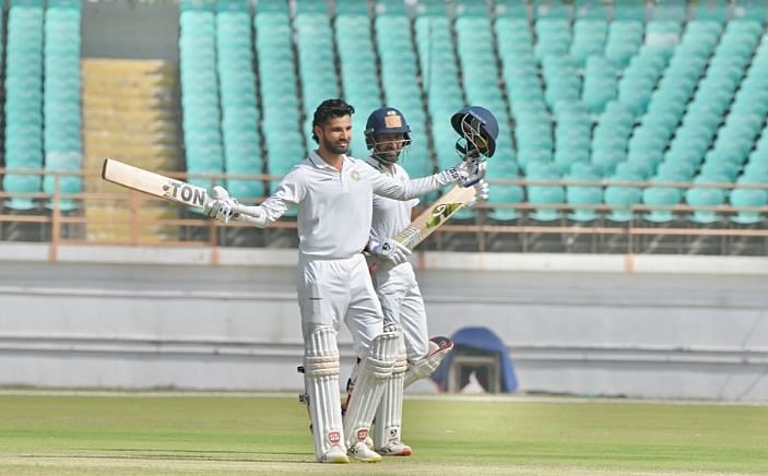 Prerak Mankad celebrating his century in the Ranji Trophy 2023-24 season (Image Credits: Prerak Mankad&#039;s Instagram)