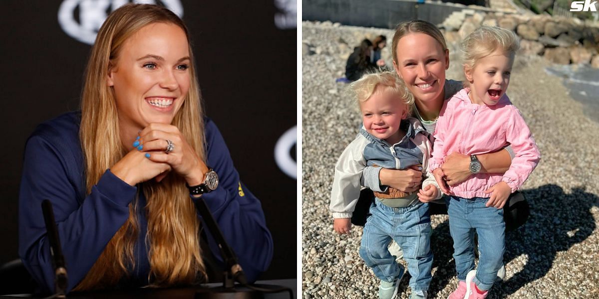 Caroline Wozniacki (L) &amp; Wozniacki with daughter Olivia and son James (R) [Image Source: Getty Images &amp; Caroline Wozniacki/Instagram]