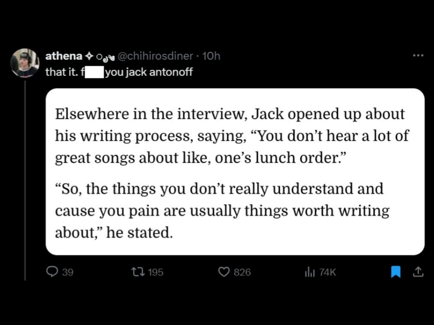 Fans react to Jack Antonoff&#039;s apparent Billie Eilish shade. (Image via X/@chihirosdiner)