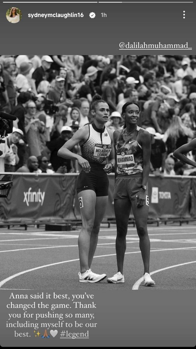 Sydney McLaughlin-Levrone expresses gratitude to Dalilah Muhammed (Source: Instagram Story)