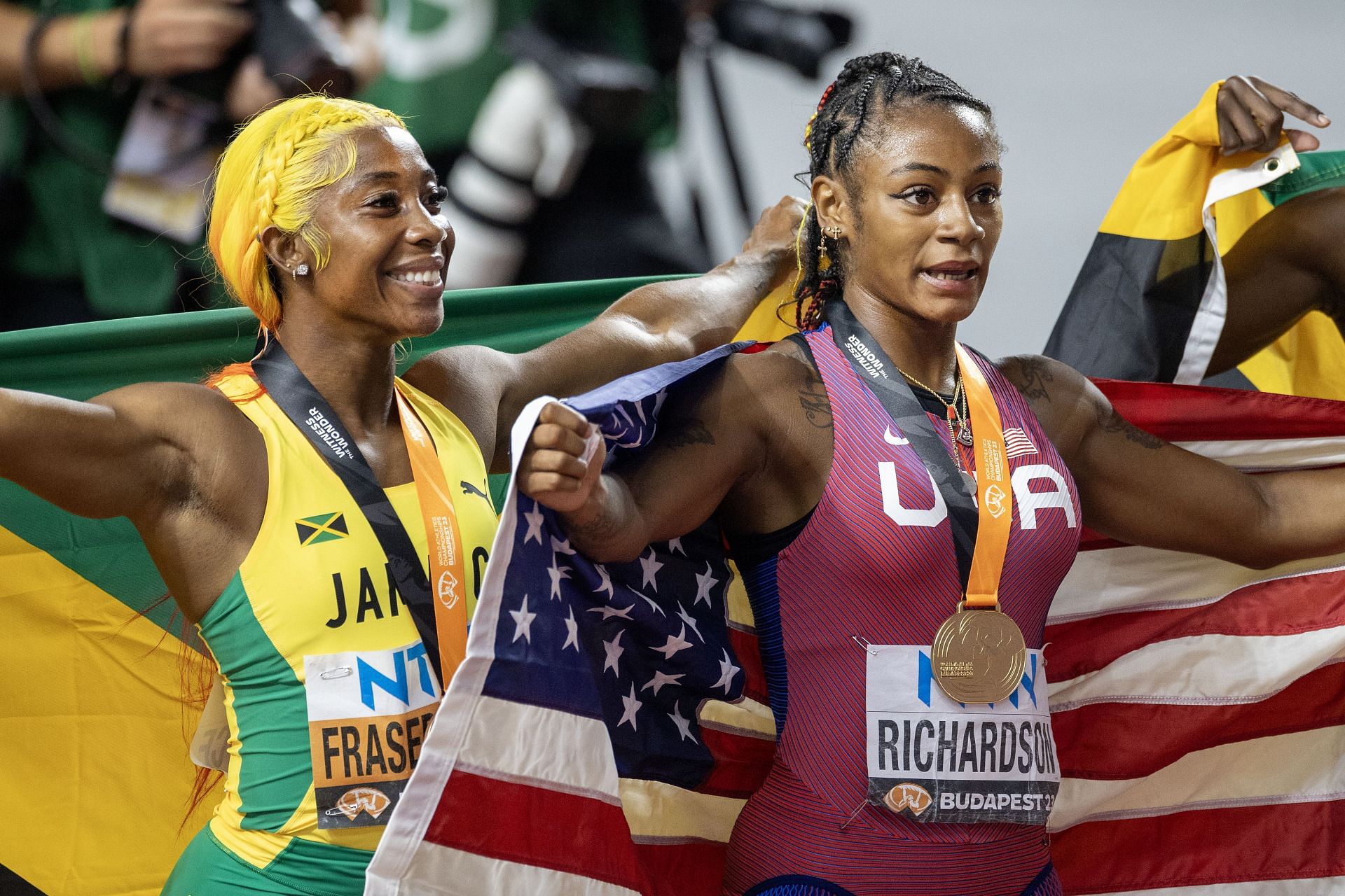 Sha&#039;Carri Richardson and Shelly-Ann Fraser-Pryce at the World Athletics Championships 2023. (Photo by Tim Clayton/Corbis via Getty Images)