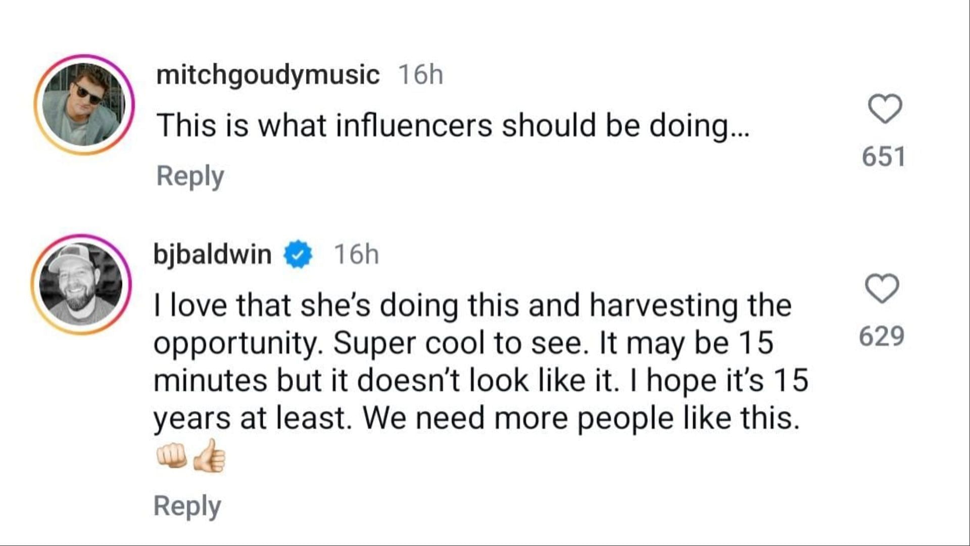 Internet praised Haliey for her recent deeds (Image via Instagram / @mitchgoudymusic / @bjbaldwin)