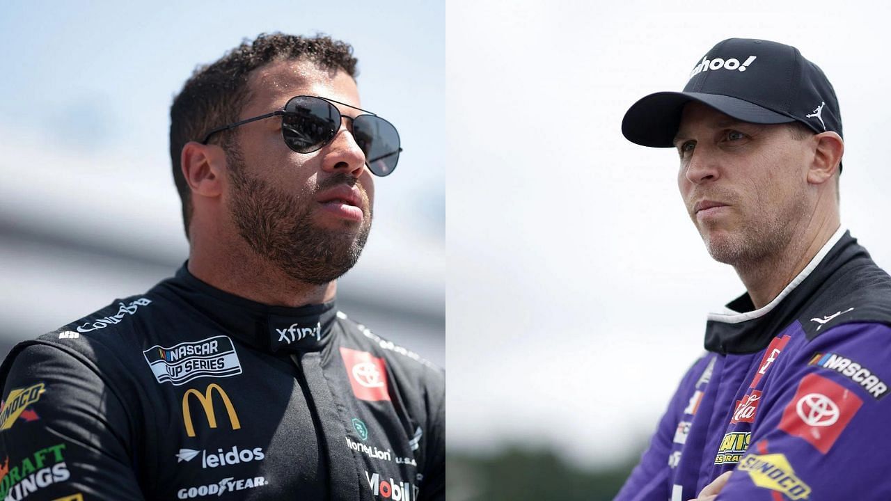 Bubba Wallace looks on (L), Denny Hamlin (R). Image Courtesy: All images from Getty
