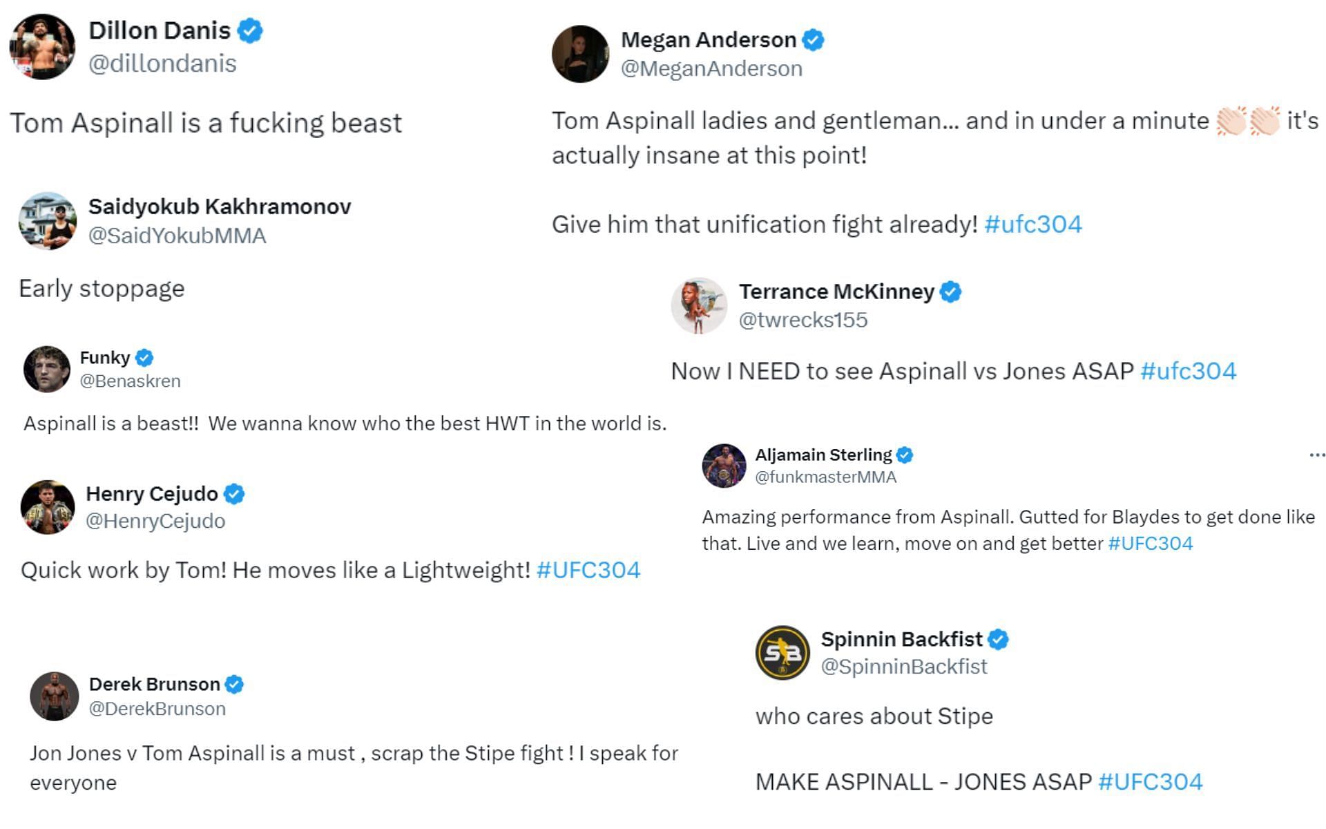 Fighters react to Tom Aspinall&#039;s victory over Curtis Blaydes [Images courtesy: Fighter accounts on X]