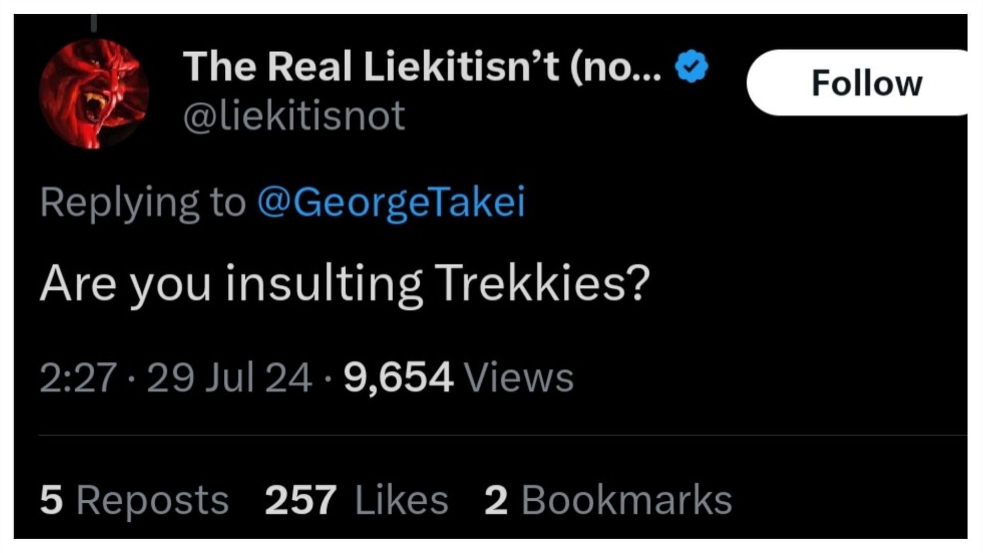 A fan reacted to George Takei&#039;s latest tweet (Image via X@liekitisnot)