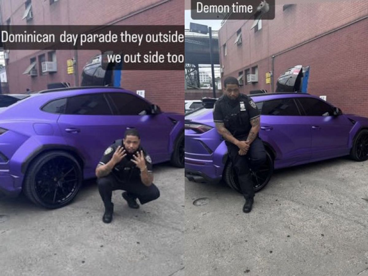 NYPD officer seemingly poses in front of Fanum&#039;s Lambo (Image via X)