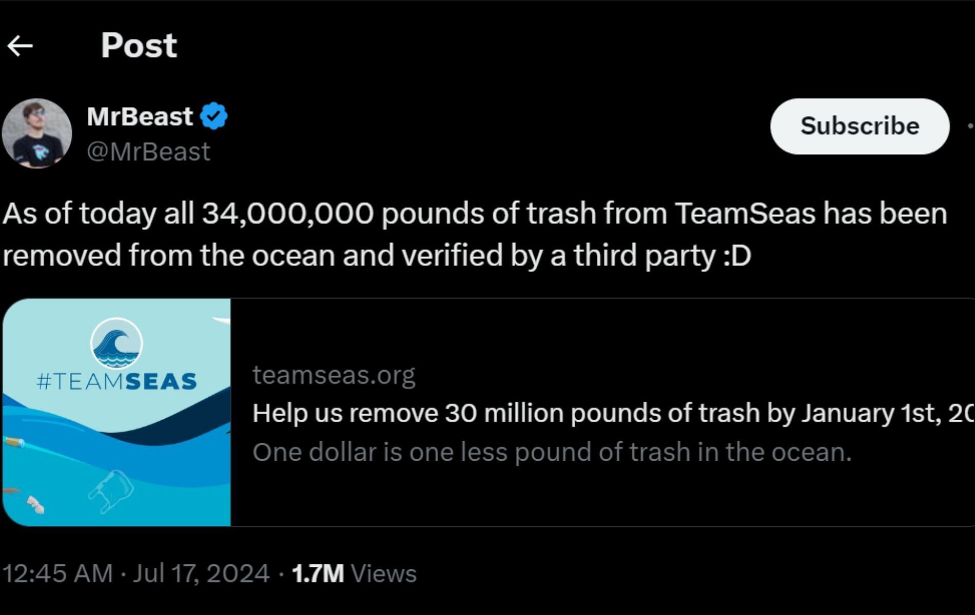 MrBeast reveals the new milestone reached by TeamSeas (Image via X)