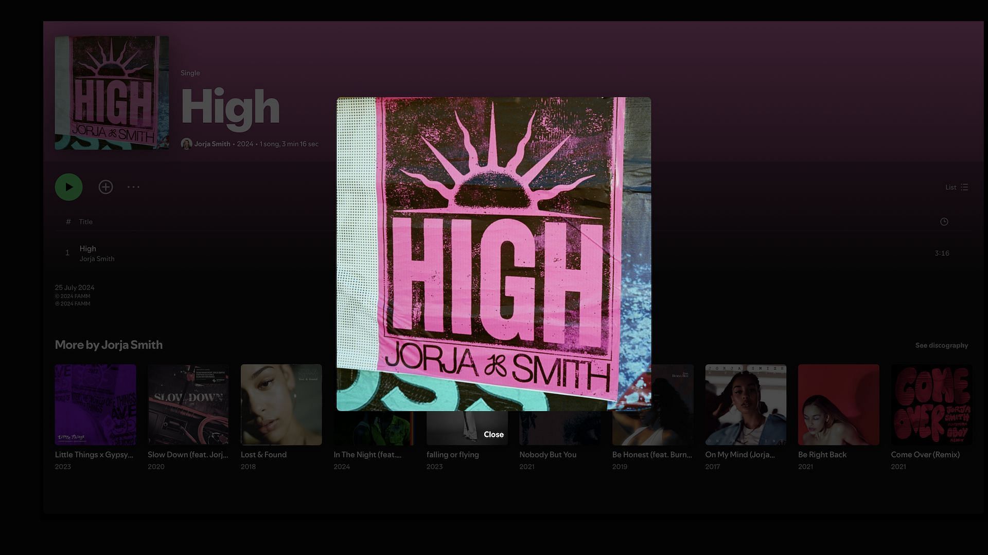 Jorja Smith&#039;s new single &#039;High&#039; currently streaming on Spotify (Image via Spotify)