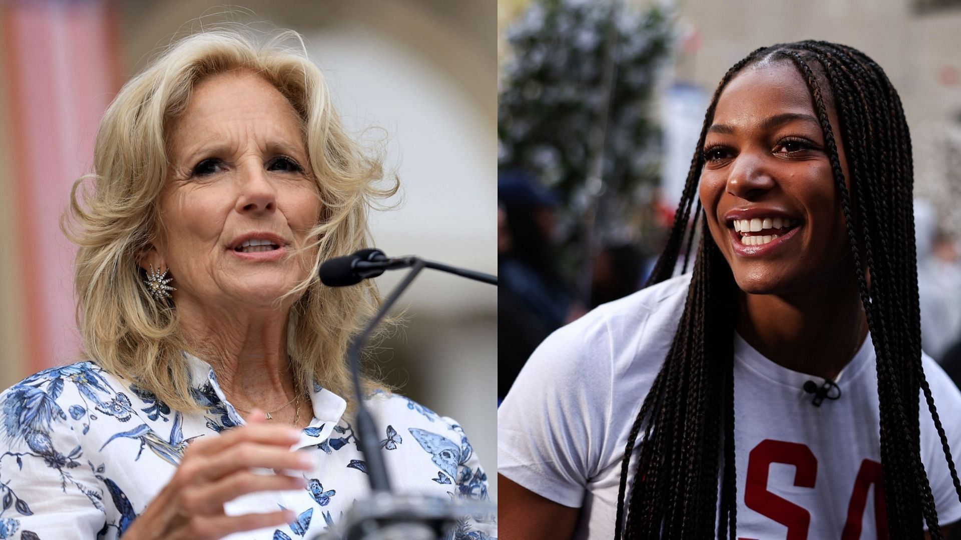 First Lady of the United States, Jill Biden and Gabby Thomas (Images via Getty)