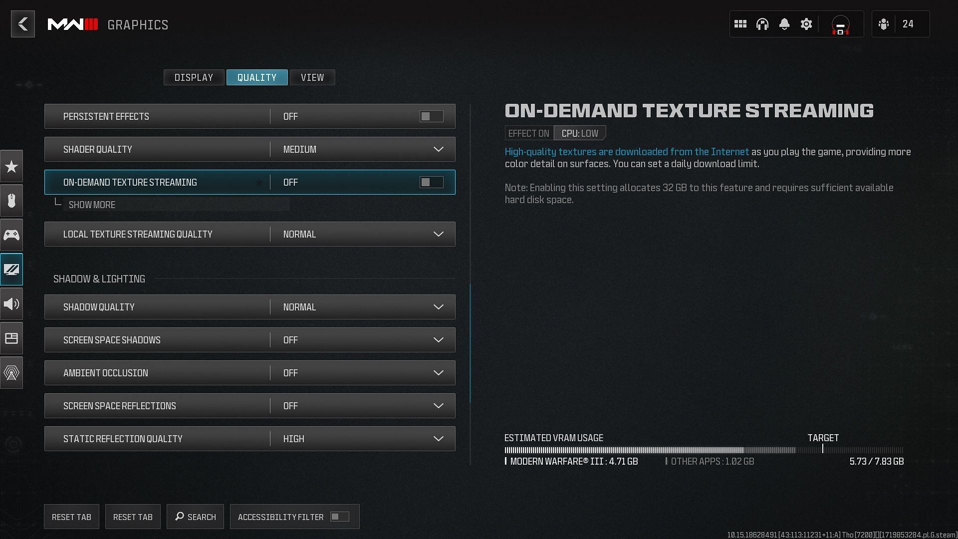 Turning off On-Demand Texture Streaming in Modern Warfare 3 (Image via Activision)