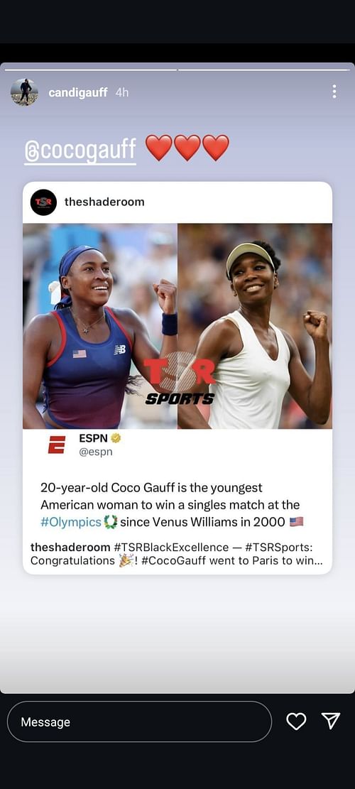 Coco Gauff's mother Candi's Instagram Story. (Image via Instagram @candigauff)