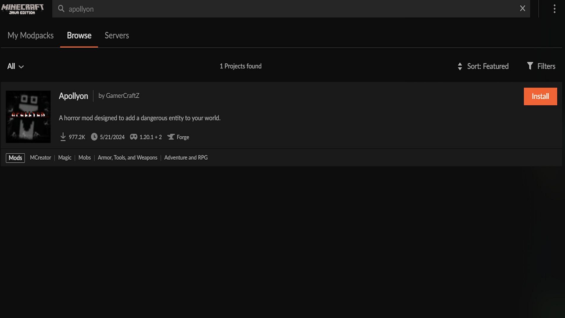 The search results for &quot;Apollyon&quot; (Image via CurseForge)