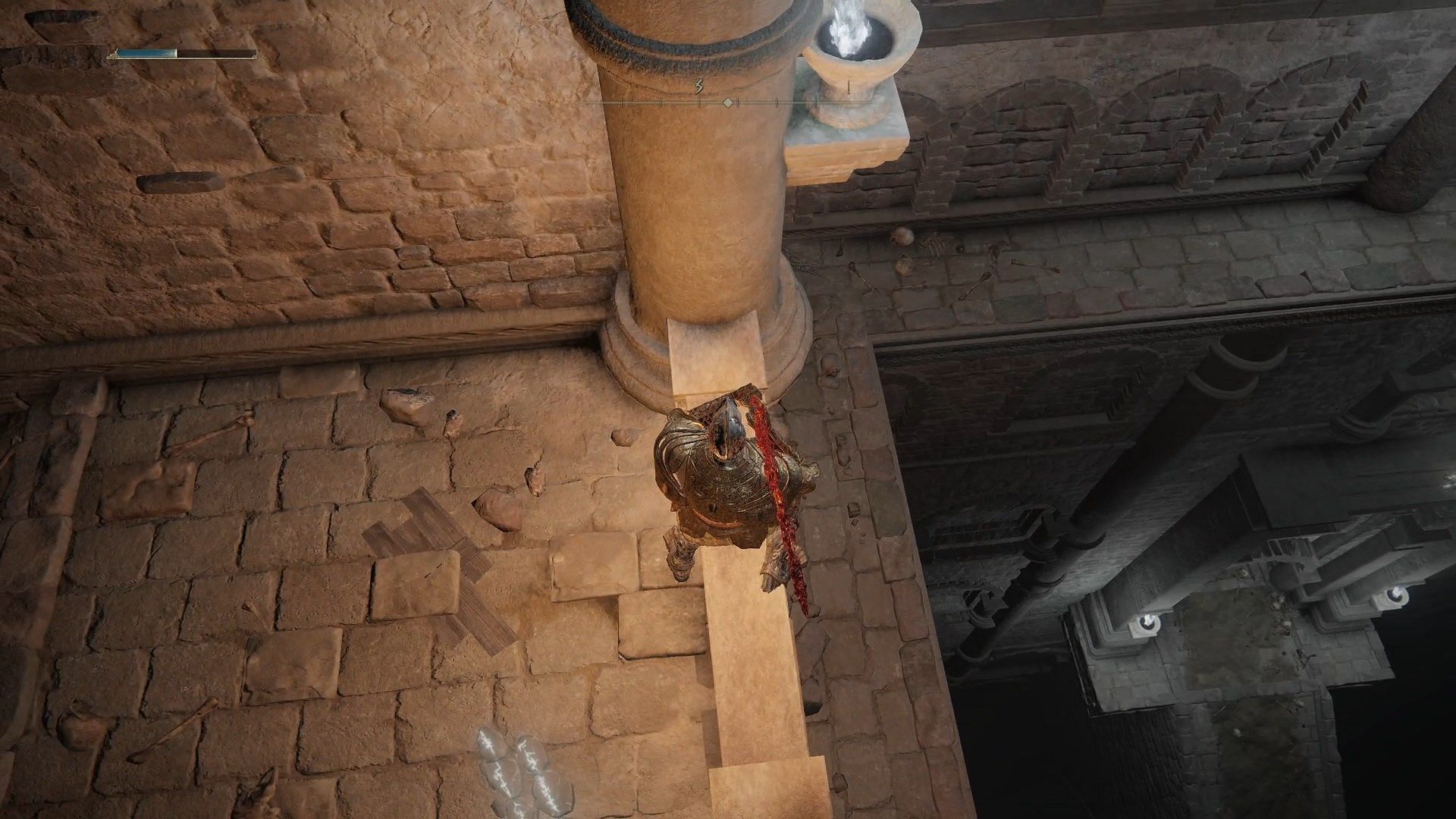 Jump over the balcony to hop on the right side&#039;s ledge (Image via FromSoftware)