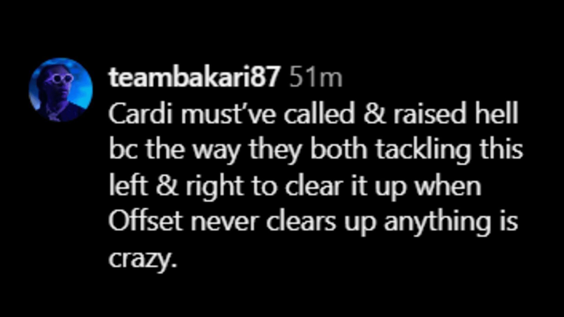 A netizen weighs in on the Offsett-Cardi B latest rumor. (Image via Instagram/ teambakari87)