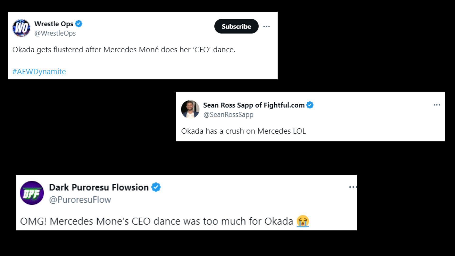 Popular wrestling pages react to Okada's reaction to Moné's dance. [Screenshots via Twitter]