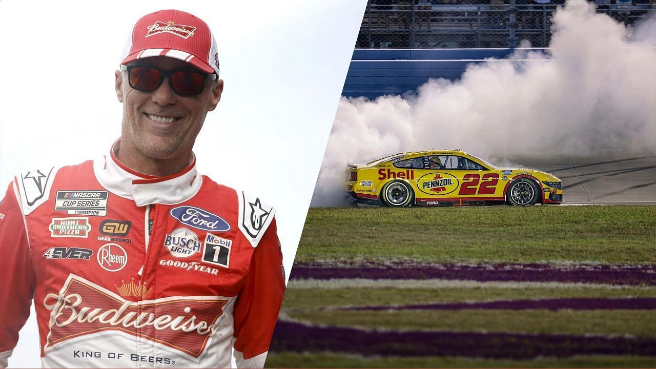 Kevin Harvick looks on (L), Joey Logano celebrates after his win at Nashville (R). Courtesy: All images from Getty.