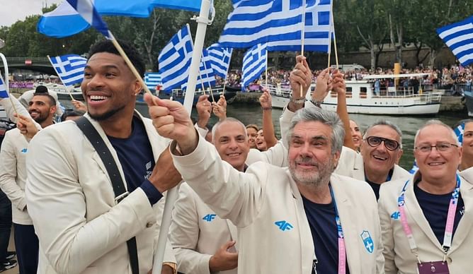 WATCH: Giannis Antetokounmpo embraces the emotion of leading Greece as flag bearer at Paris Olympics opening night