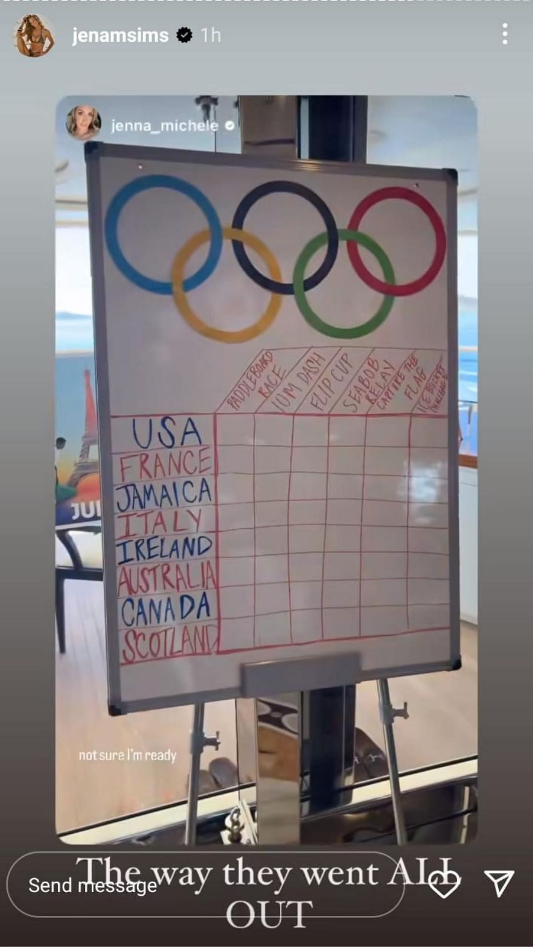 An image of the leaderboard at the 2024 Koepka Summer Olympics [Image Credit: Instagram - jenamsims] 