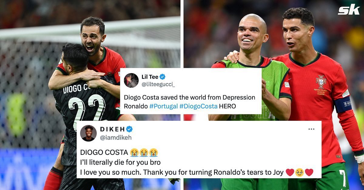 X reacts as Portugal beat Slovenia on penalties. (Images via Getty, @lilteegucci_, @iamdikeh)
