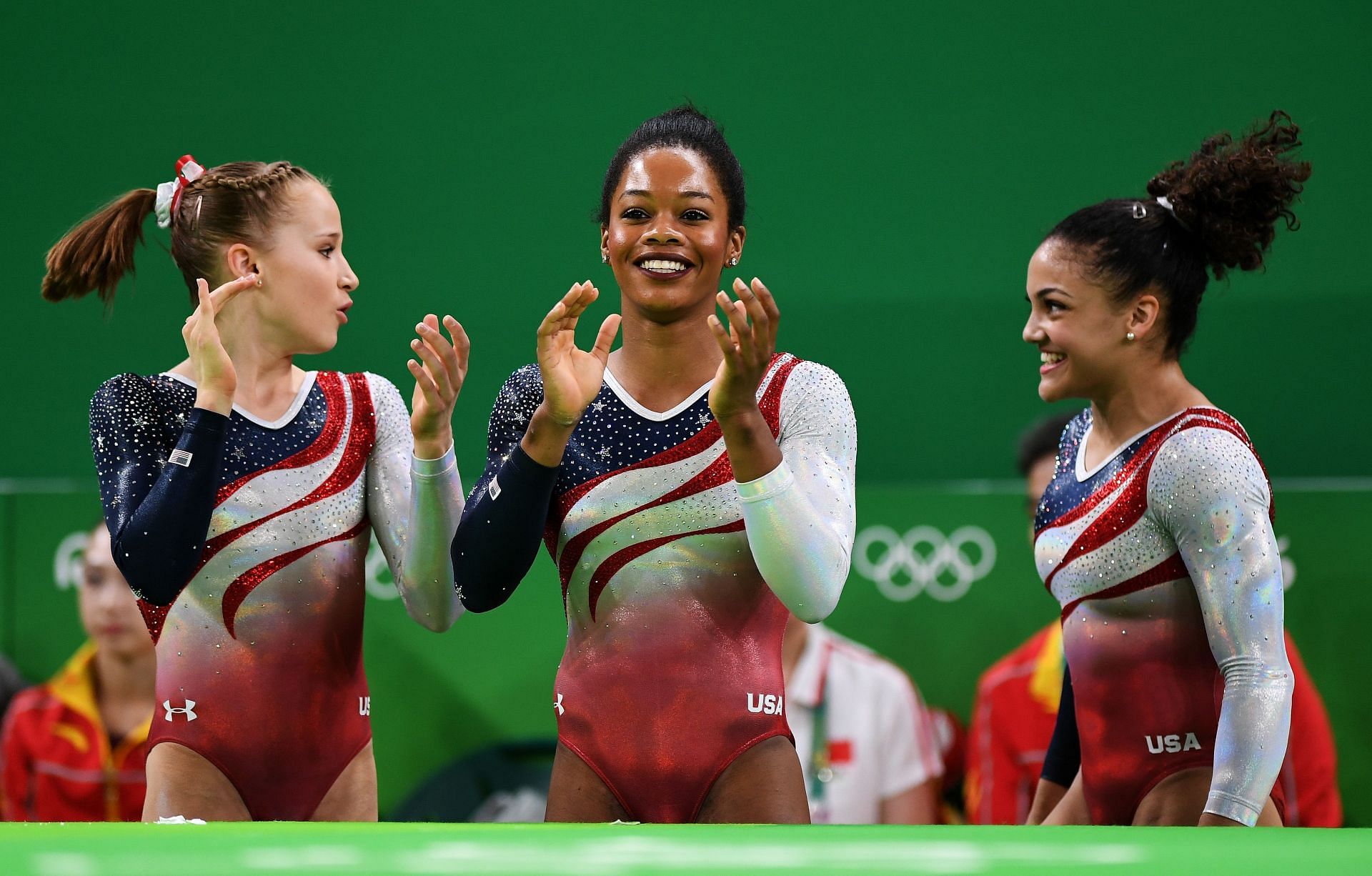 Gabby Douglas [C] durng the Team All Around Finals at Rio Olympics [Image Source: Getty]