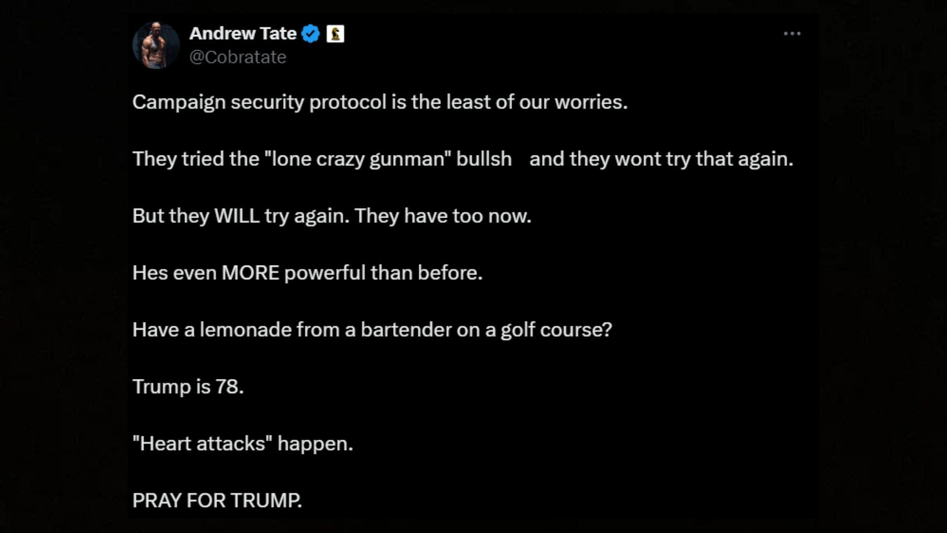 Andrew Tate commented on the safety of Donald Trump in the future (Image via Cobratate/X)