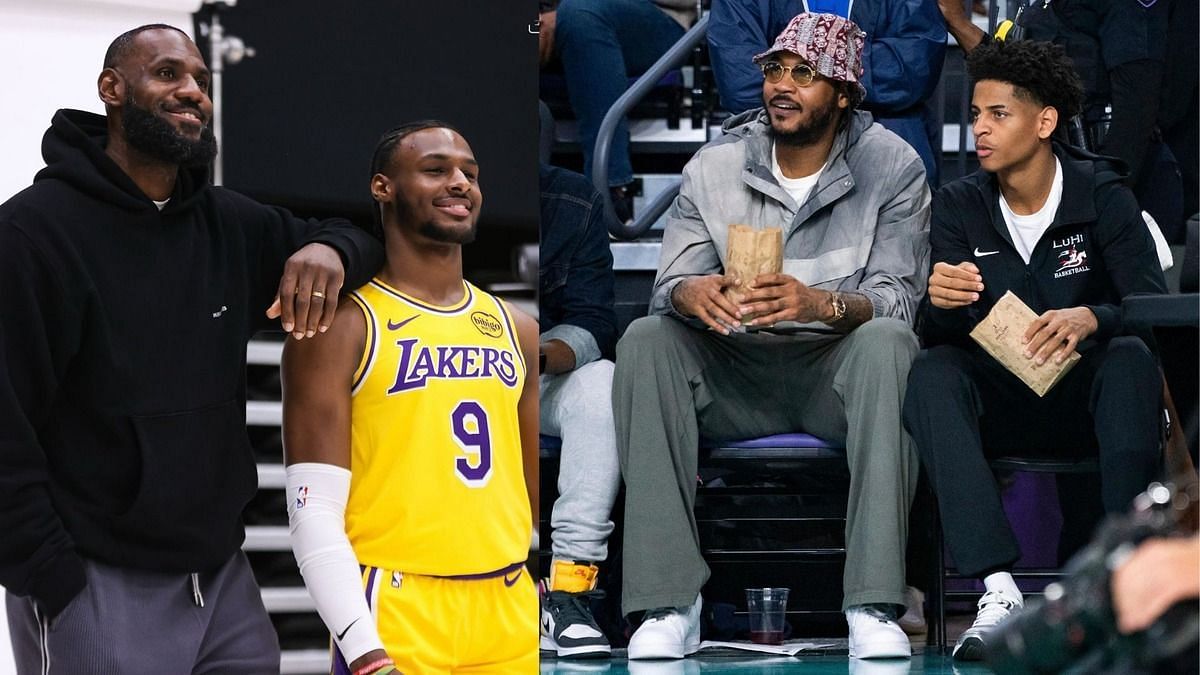 LeBron and Bronny James,  Carmelo Anthony and son Kiyan (Image Credits: IMAGN, X/@Lakers)