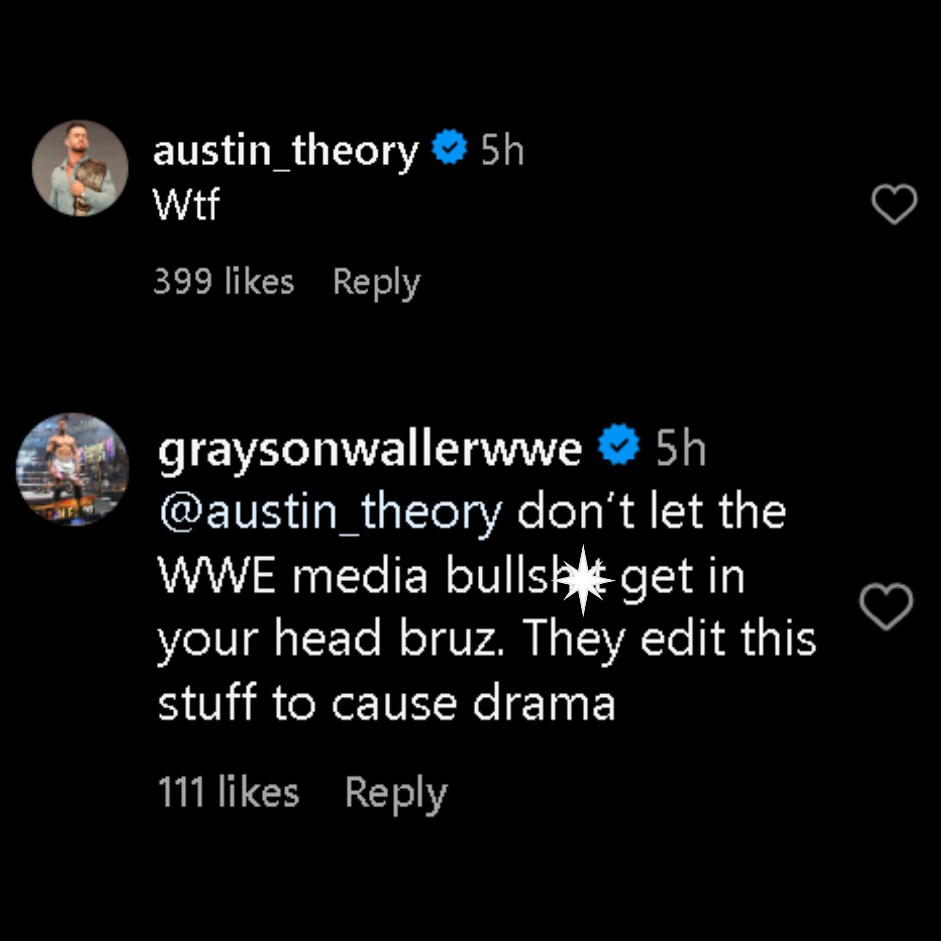 Austin Theory and Grayson Waller comment on the Instagram post.