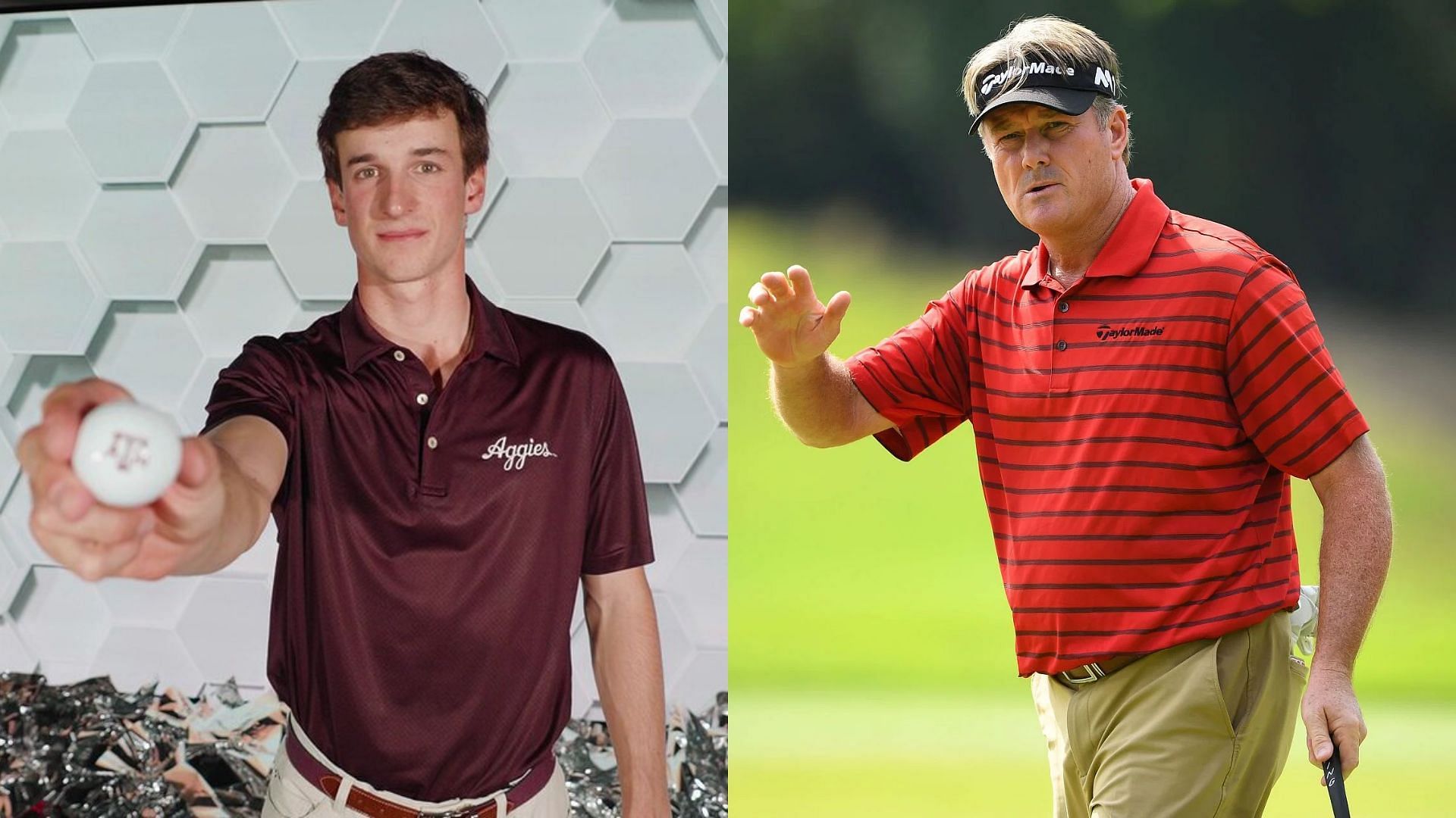 Jaime Montojo Fernandez and Todd Hamilton (Images via Getty and @AggieMensGolf/X)