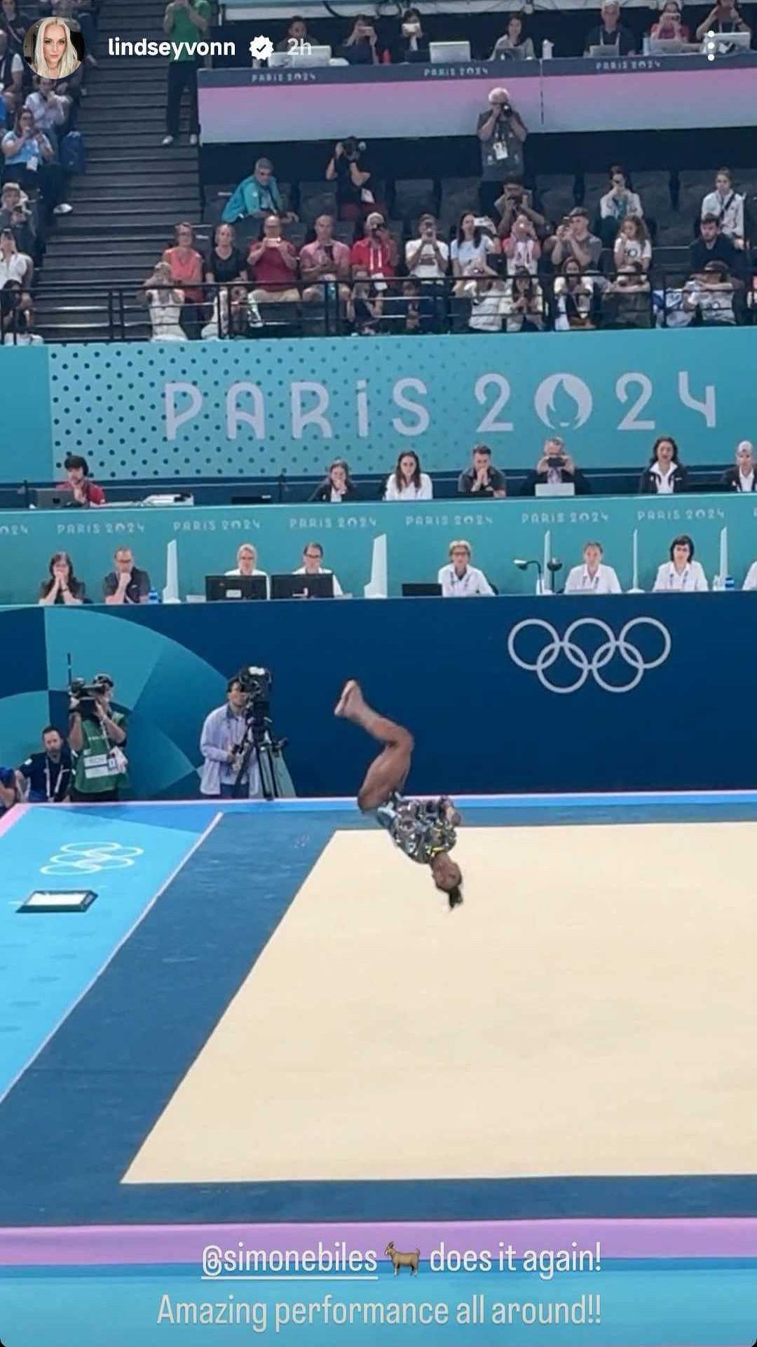 Lindsey Vonn&#039;s Instagram story of Simone Biles performing at the Paris Olympics 2024