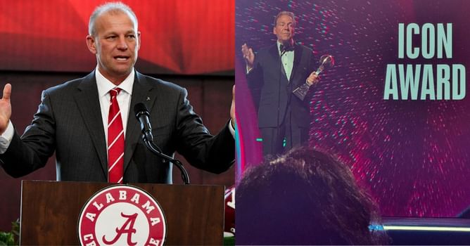 Alabama HC Kalen DeBoer congratulates predecessor Nick Saban for winning the "Icon Award" at the 2024 ESPYS Award